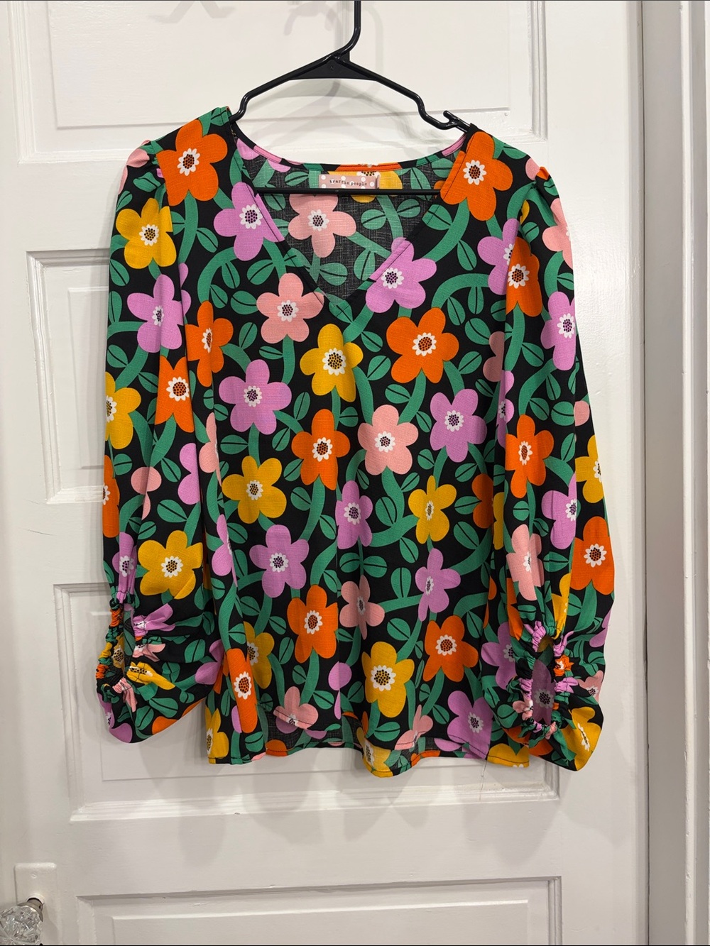 Traffic People Black Floral V-Neck Blouse with Orange, Pink & Yellow Flowers